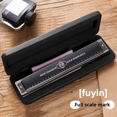 Professional 28-Hole Double-Row Harmonica with Brass Reeds - Polished Metal Surface, Comes with a Case - Suitable for Musicians And Students.