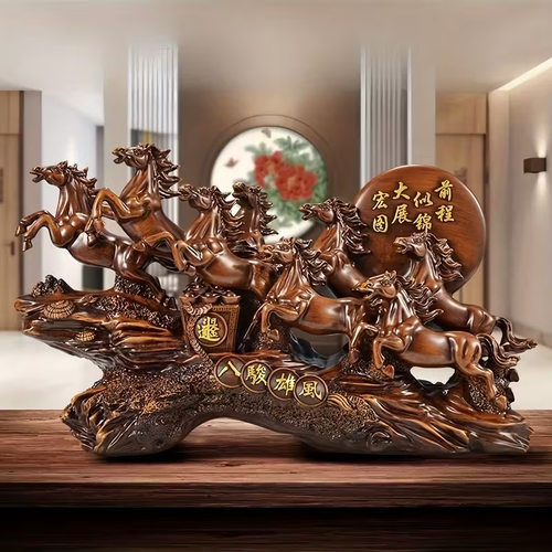 Good Luck, Eight Steeds Wooden Figurine , Wooden , Chinese Feng Shui Wealth Decor , Office And Home Desktop , Good Luck Charm