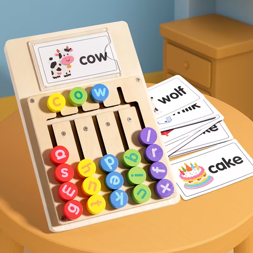Alphabet Spelling Learning Board + 12 Double-Sided Word Cards (24 Words in Total) | English Enlightenment Phonics Educational Toy for Kids