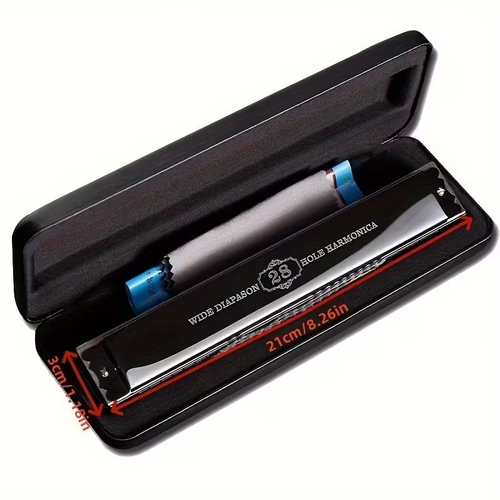 Professional 28-Hole Double-Row Harmonica with Brass Reeds - Polished Metal Surface, Comes with a Case - Suitable for Musicians And Students.