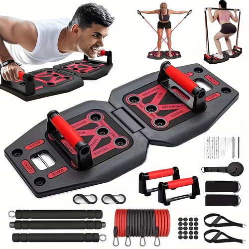 Home Gym Exercise Equipment - Black Portable Workout System 17 Fitness Accessories 9 In1 Push Up Board Set, Resistance Bands with Pilates Bar Strength Training Abs Shoulders Back Butt