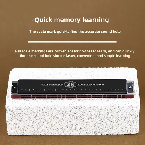 Professional 28-Hole Double-Row Harmonica with Brass Reeds - Polished Metal Surface, Comes with a Case - Suitable for Musicians And Students.