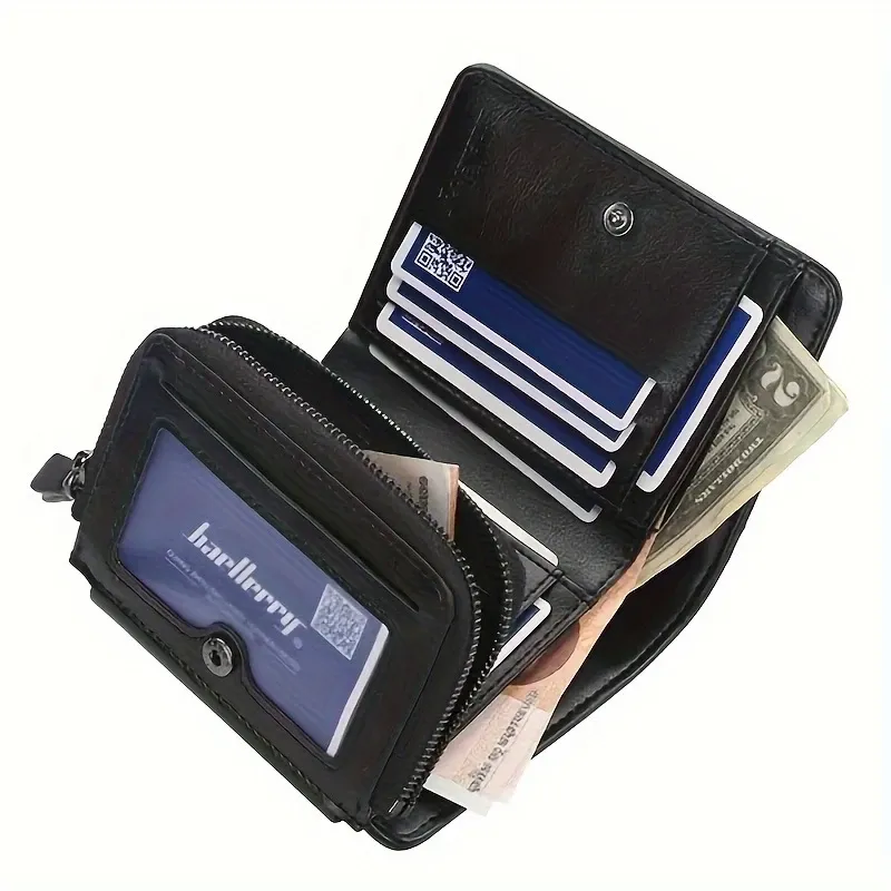 A powerful and comprehensive men's simple three-fold wallet with a zipper pocket and 12 card slots, featuring a design that combines fashion and security