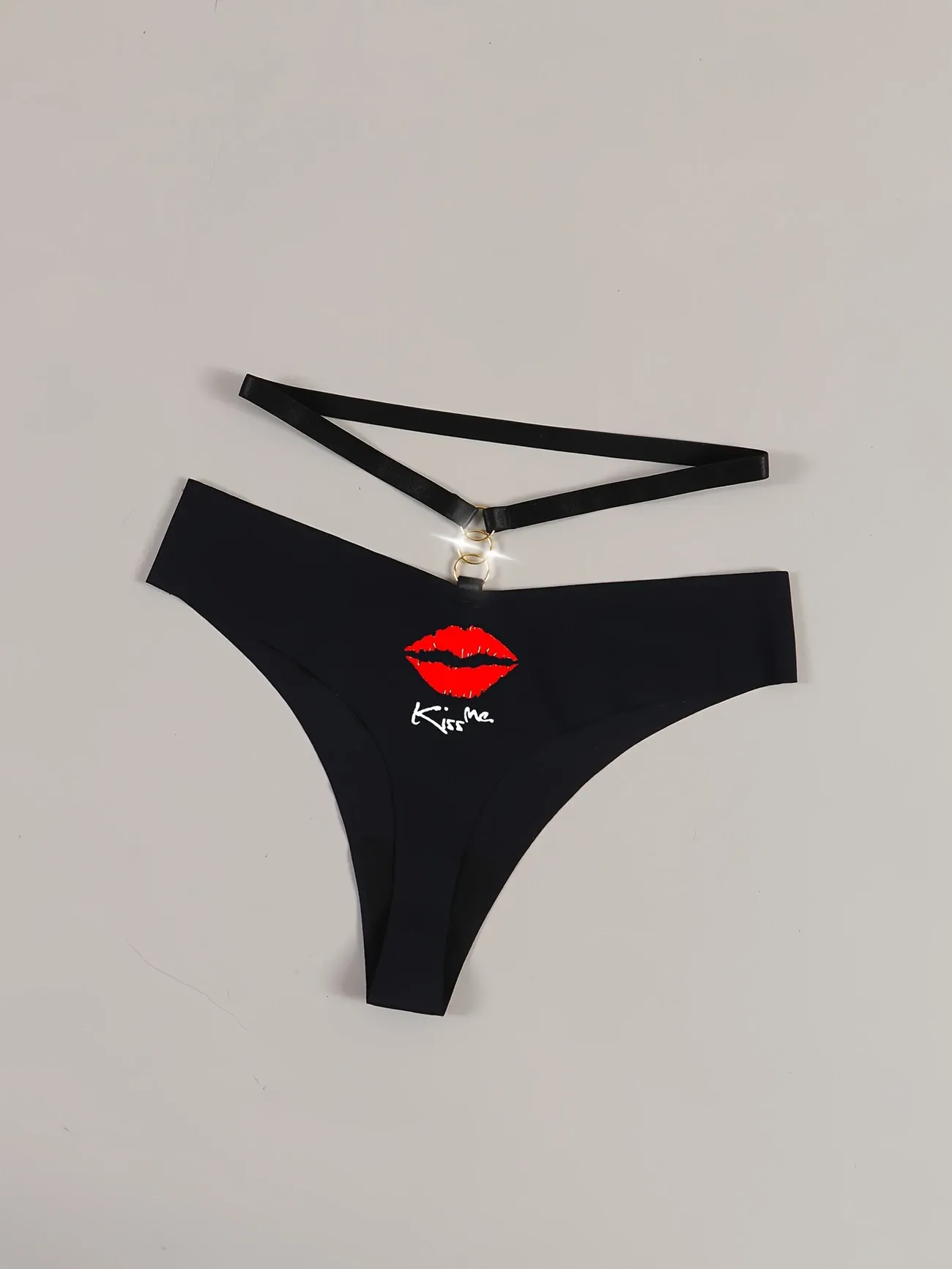 Two women 's sexy low-waist thong (black and green) 💋 The white letters KISS ME on the back, lip print pattern, metal ring decoration ❤️ Sex stretch comfortable underpants ❤️❤️