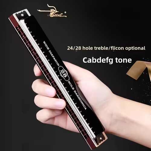 Professional 28-Hole Double-Row Harmonica with Brass Reeds - Polished Metal Surface, Comes with a Case - Suitable for Musicians And Students.