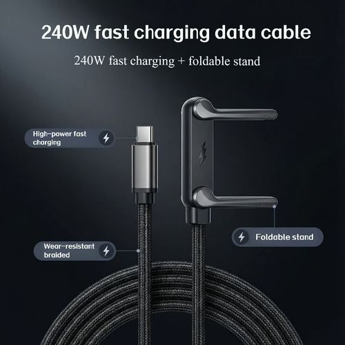 240W Ultra-Fast Charging USB-C Cable with Foldable Phone Stand – Braided Heavy-Duty Charger Cord for Gaming & Video Watching