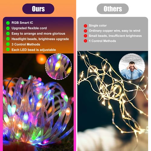 🔥Hot Seller🔥 COD！66-foot (approx. 20-meter) string lights, controlled via app and remote, featuring 200 LED bulbs, RGB smart IC multi-color string lights, suitable for indoor use, with music-synced color-changing effects, IP65 waterproof rating, ideal for bedrooms, parties, DIY projects, and more