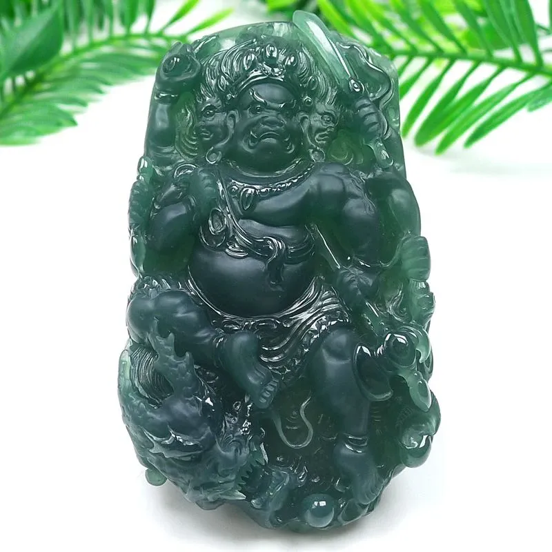 061-Fudō Myō-ō Jade Pendant – Hand-Carved Buddhist Protector Pendant in Natural Guatemala Jadeite