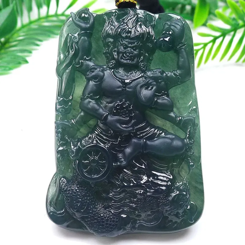 066-Fudō Myō-ō Jade Pendant – Hand-Carved Buddhist Protector Pendant in Natural Guatemala Jadeite