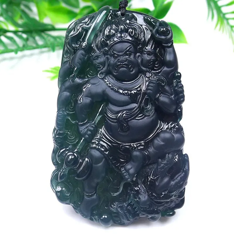 062-Fudō Myō-ō Jade Pendant – Hand-Carved Buddhist Protector Pendant in Natural Guatemala Jadeite