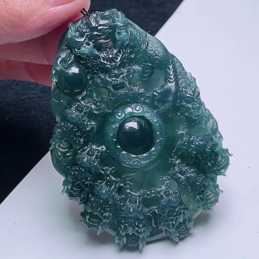 099-Masterpiece Blue Jadeite Dragon Pendant – Natural A-Grade Jade with Certificate, Handcrafted Luxury