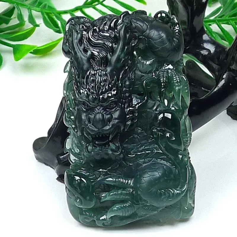 104-Masterpiece Blue Jadeite Dragon Pendant – Natural A-Grade Jade with Certificate, Handcrafted Luxury