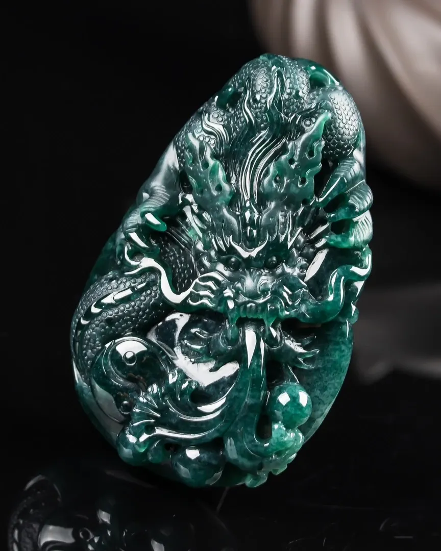 087-Masterpiece Blue Jadeite Dragon Pendant – Natural A-Grade Jade with Certificate, Handcrafted Luxury