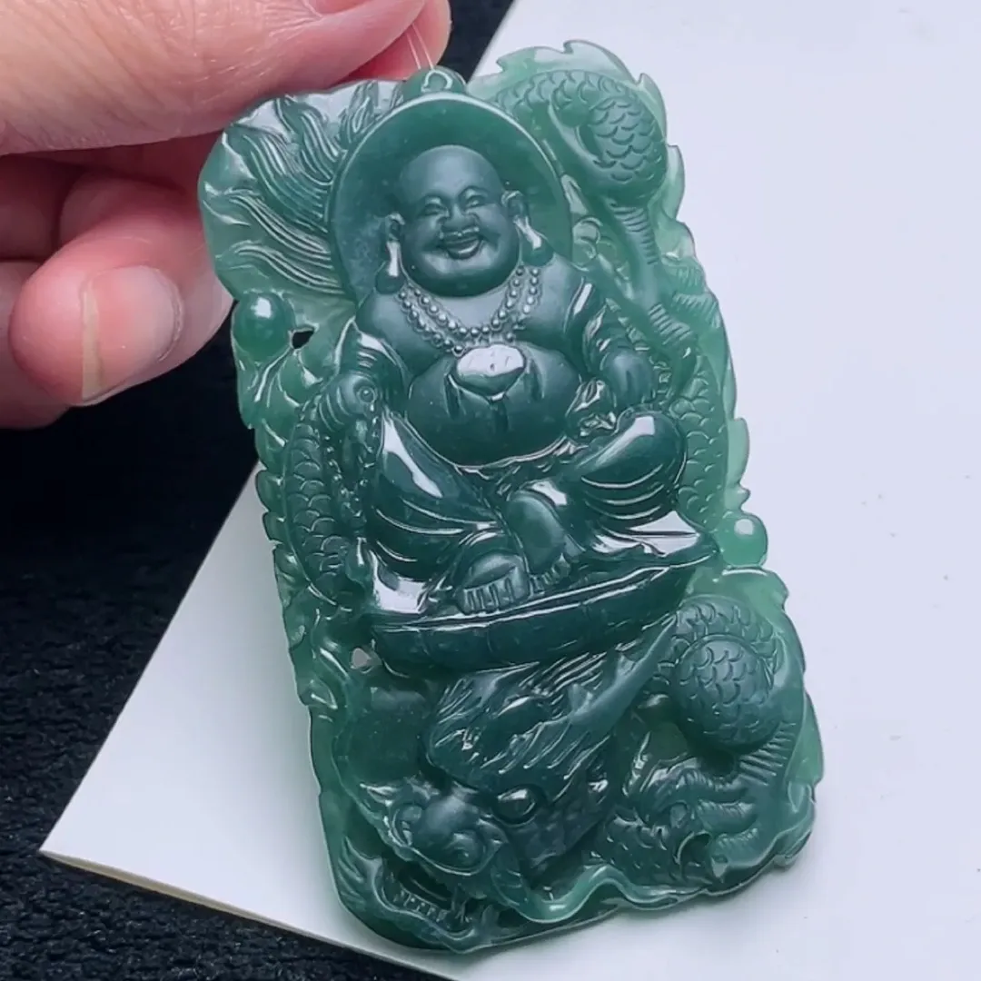 123-Laughing Buddha Jade Pendant – Hand-Carved Natural Guatemala Jadeite | Symbol of Enlightenment & Inner Peace