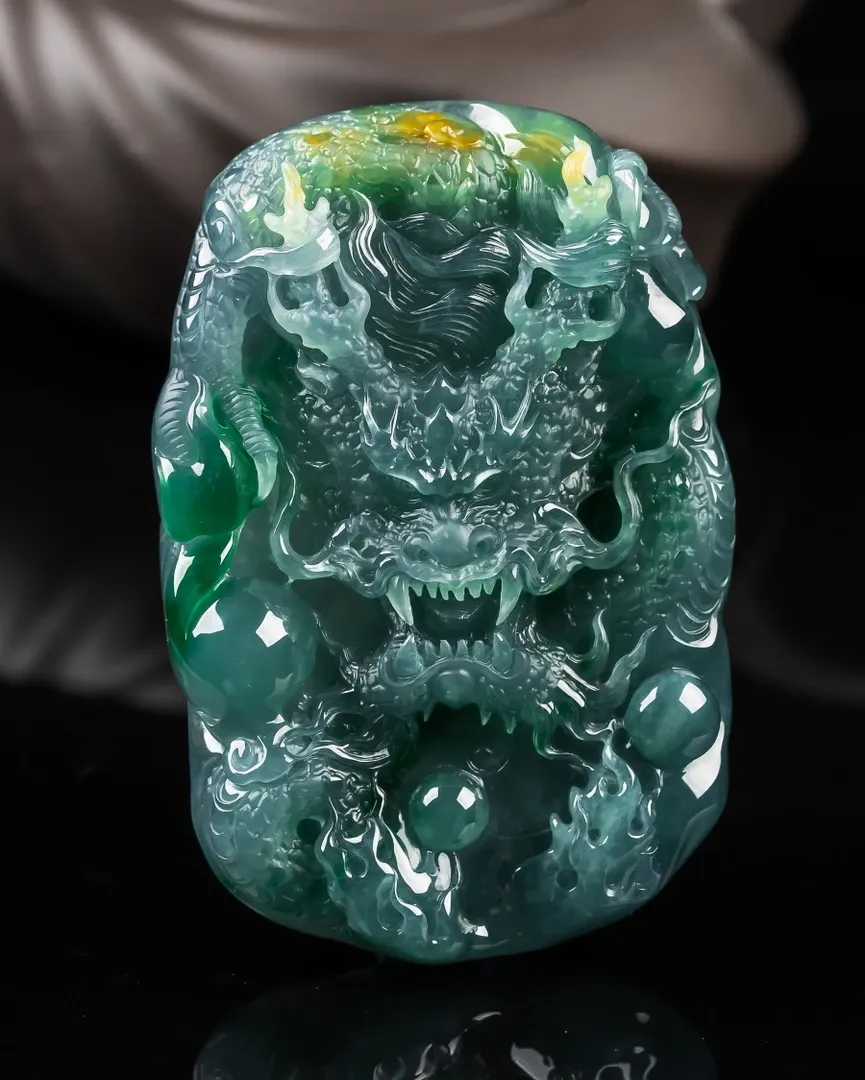 101-Masterpiece Blue Jadeite Dragon Pendant – Natural A-Grade Jade with Certificate, Handcrafted Luxury