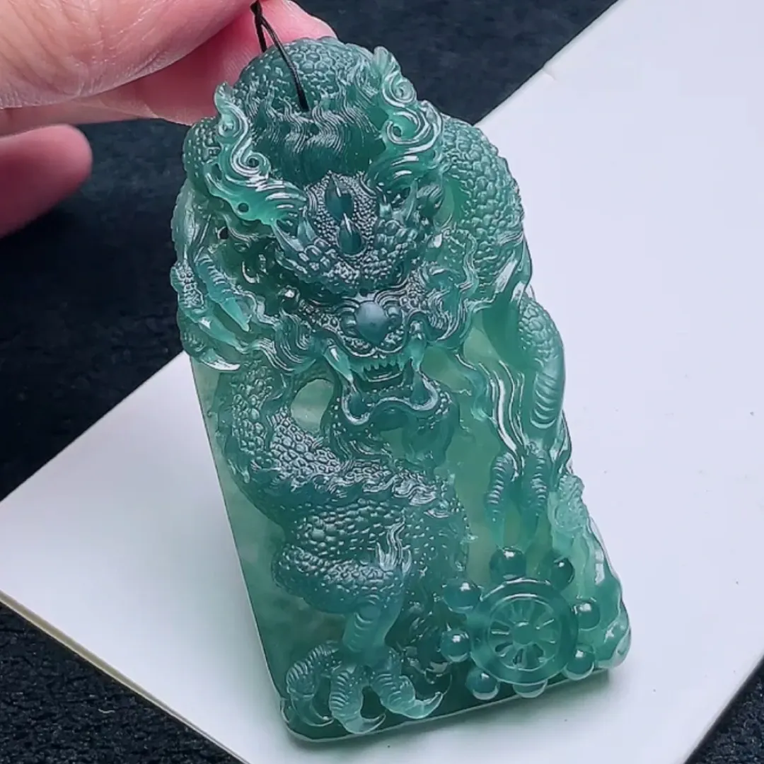 095-Masterpiece Blue Jadeite Dragon Pendant – Natural A-Grade Jade with Certificate, Handcrafted Luxury