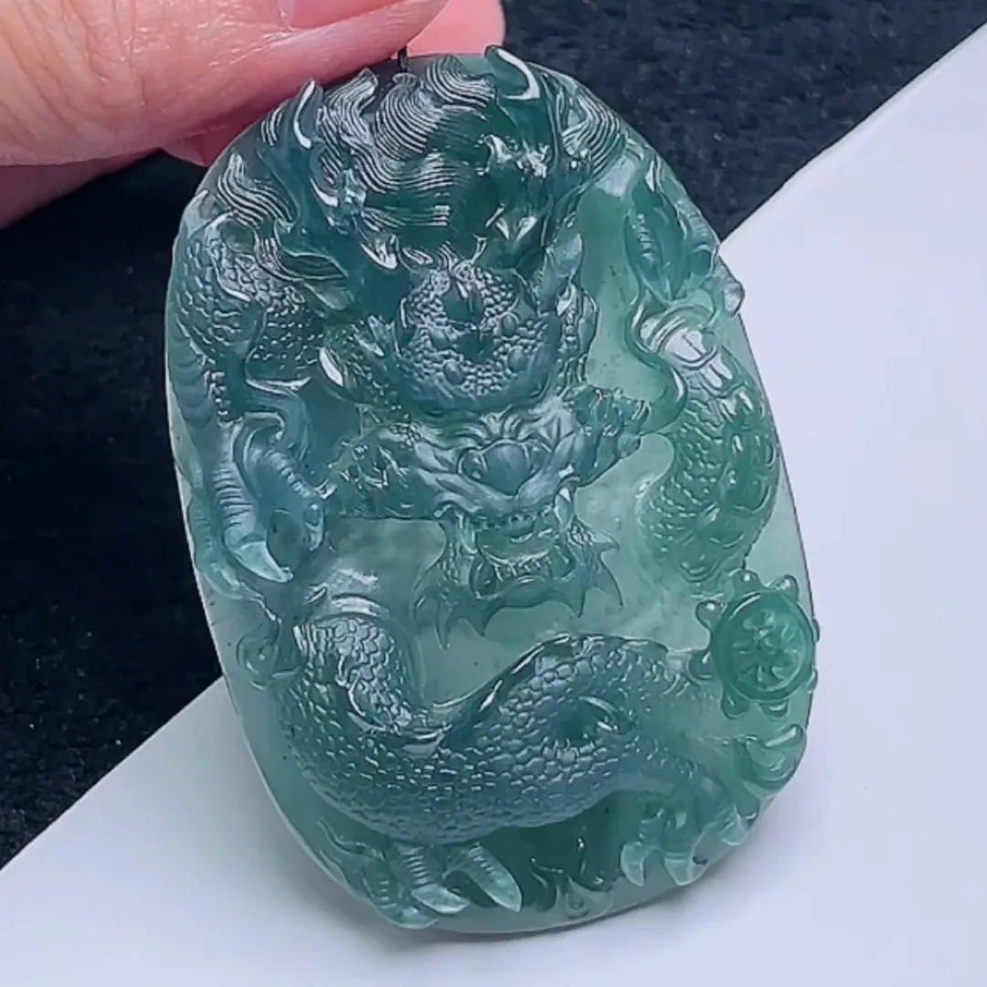 122-Masterpiece Blue Jadeite Dragon Pendant – Natural A-Grade Jade with Certificate, Handcrafted Luxury