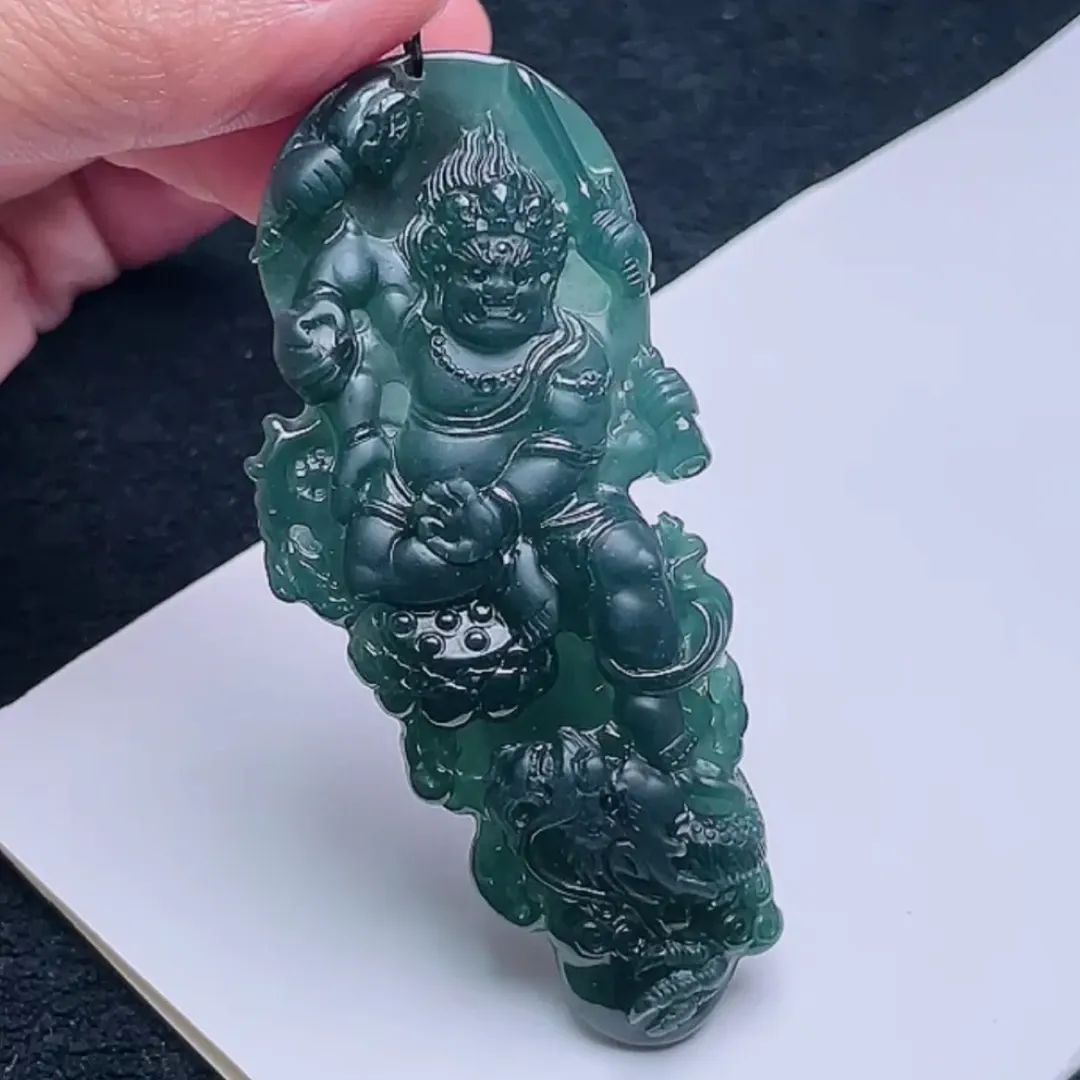 126-Fudō Myō-ō Jade Pendant – Hand-Carved Buddhist Protector Pendant in Natural Guatemala Jadeite
