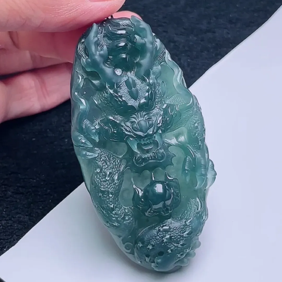 121-Masterpiece Blue Jadeite Dragon Pendant – Natural A-Grade Jade with Certificate, Handcrafted Luxury