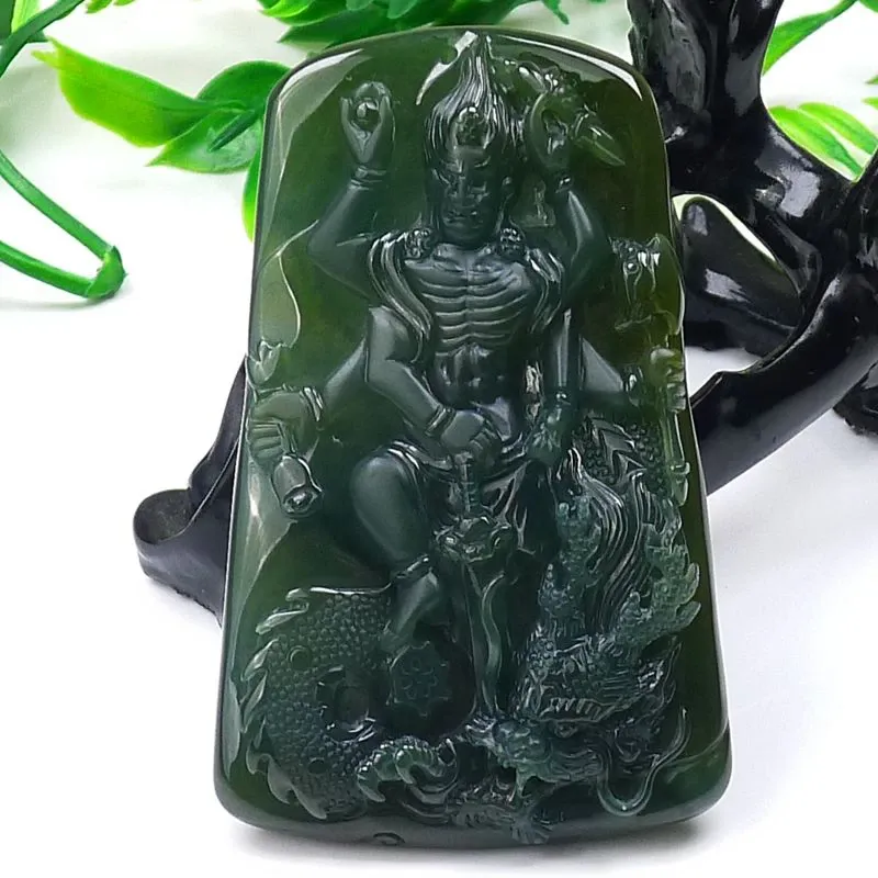 067-Fudō Myō-ō Jade Pendant – Hand-Carved Buddhist Protector Pendant in Natural Guatemala Jadeite