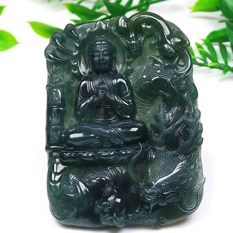 047-Vairocana Buddha & Dragons Jade Pendant – Hand-Carved Natural Guatemala Jadeite | Rare Spiritual Talisman
