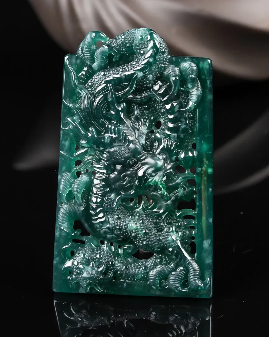 085-Masterpiece Blue Jadeite Dragon Pendant – Natural A-Grade Jade with Certificate, Handcrafted Luxury