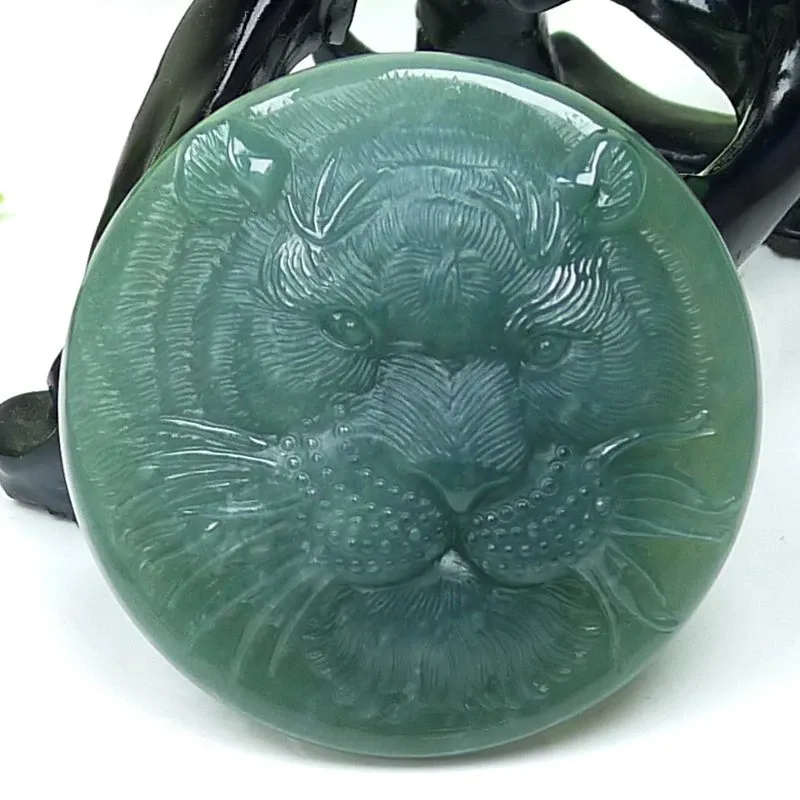 039-Hand-Carved Blue Jade Tiger Pendant – Certified Natural Guatemala Jadeite | Symbol of Strength & Protection