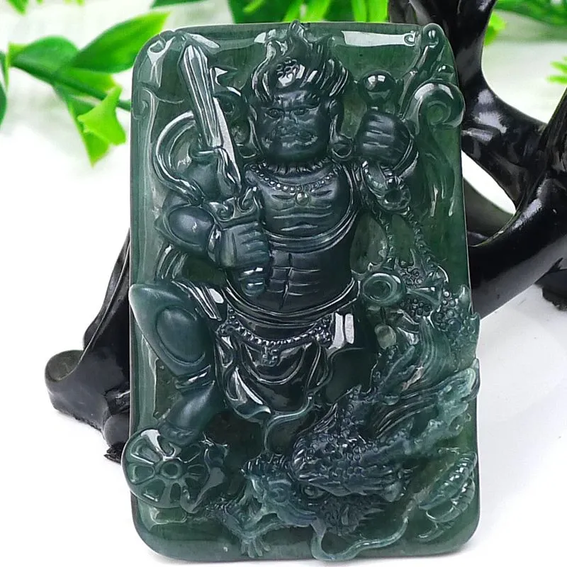 071-Fudō Myō-ō Jade Pendant – Hand-Carved Buddhist Protector Pendant in Natural Guatemala Jadeite