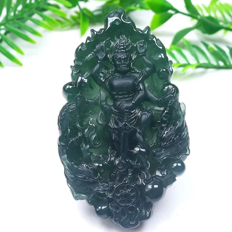 064-Fudō Myō-ō Jade Pendant – Hand-Carved Buddhist Protector Pendant in Natural Guatemala Jadeite