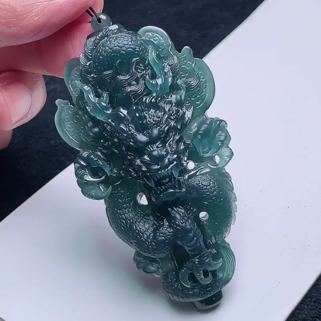 091-Masterpiece Blue Jadeite Dragon Pendant – Natural A-Grade Jade with Certificate, Handcrafted Luxury