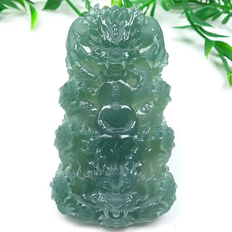 040-Vairocana Buddha & Nine Dragons Jade Pendant – Hand-Carved Natural Guatemala Jadeite | Rare Spiritual Talisman