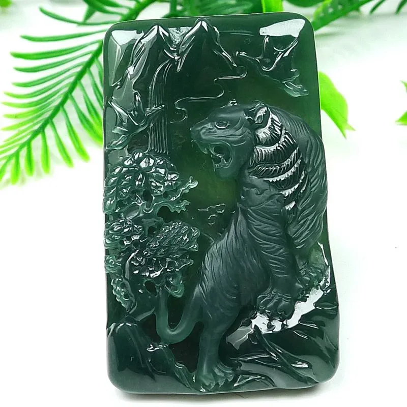 038-Hand-Carved Blue Jade Tiger Pendant – Certified Natural Guatemala Jadeite | Symbol of Strength & Protection