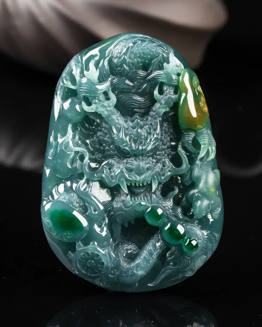 080-Masterpiece Blue Jadeite Dragon Pendant – Natural A-Grade Jade with Certificate, Handcrafted Luxury