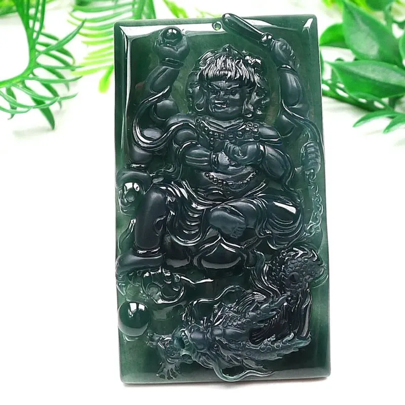 070-Fudō Myō-ō Jade Pendant – Hand-Carved Buddhist Protector Pendant in Natural Guatemala Jadeite