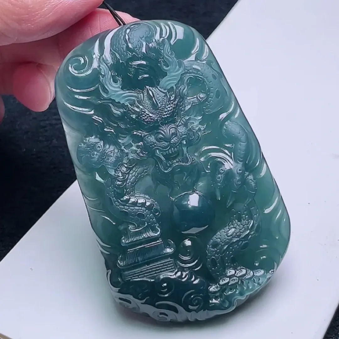 097-Masterpiece Blue Jadeite Dragon Pendant – Natural A-Grade Jade with Certificate, Handcrafted Luxury