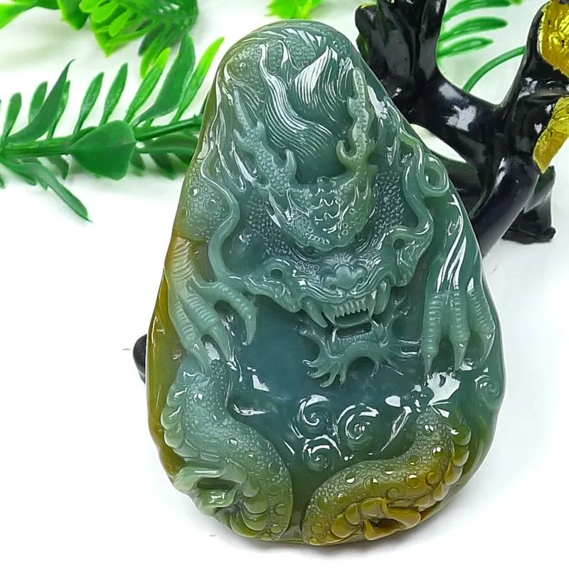 028-Hand-Carved Blue Jade Dragon Pendant – Certified Natural Guatemala Jadeite | One-of-a-Kind