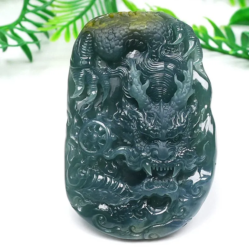 115-Masterpiece Blue Jadeite Dragon Pendant – Natural A-Grade Jade with Certificate, Handcrafted Luxury