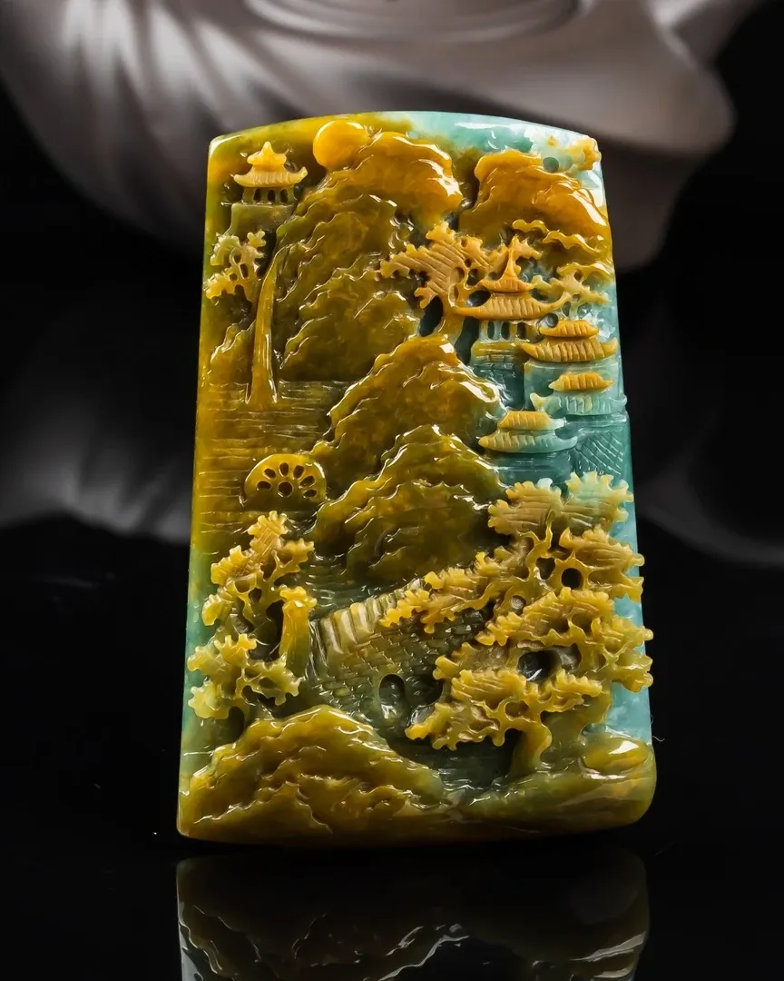 082-Hand-Carved Jadeite Landscape Pendant – Natural A-Grade Jade with Certificate