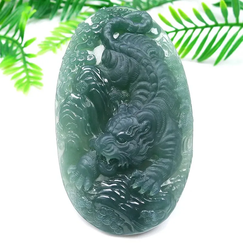 037-Hand-Carved Blue Jade Tiger Pendant – Certified Natural Guatemala Jadeite | Symbol of Strength & Protection