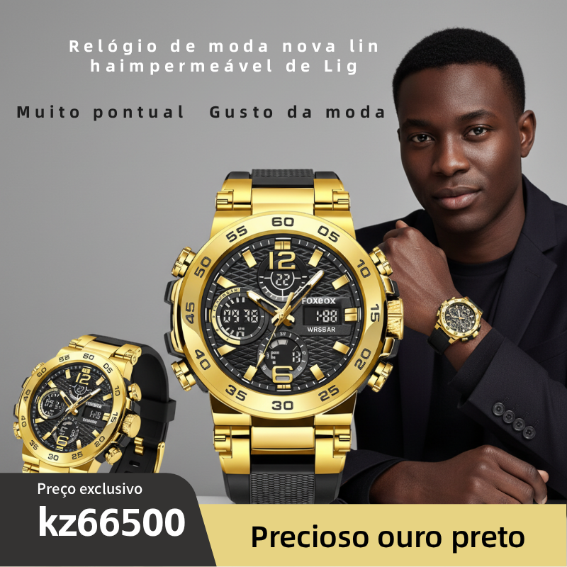 Relógio masculino fashion preto dourado