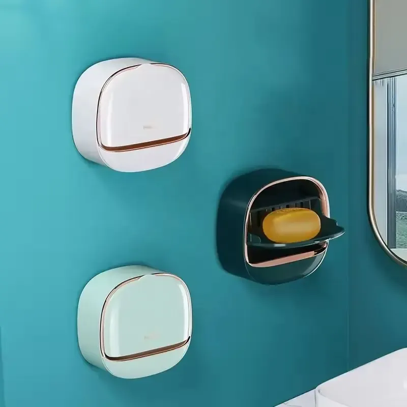 Light Luxury Wall-Mounted Plastic Bathroom Shelf Non-Perforated Cover Flip Luxury Drainage Laundry Soap Box Sundries Storage