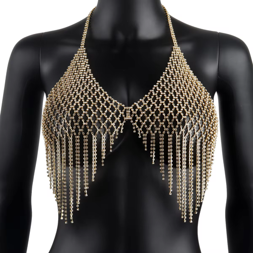 Popular Fashionable and Sexy Mesh Fringe Bralette With Dazzling Body Chain Nightclub Rhinestone Glamour for Women