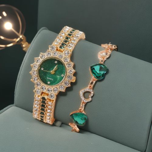 Gift Box Luxury Fashion Dionmad Watch and Jewelry Set Green Watch Set for Women Gift Party Jewelry