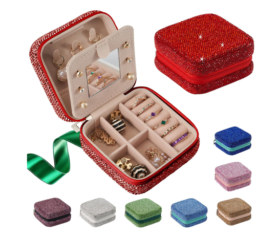 Handmade Diamond Bling Jewelry Storage Organizer Glitter Crystal PU Leather Jewelry Box with Custom Logo Gift Packaging