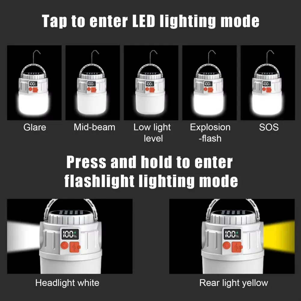 High Brightness 5-7 Mode Rechargeable LED Flashlight Portable Solar-Powered Camping Lantern Tent Solar-Powered Camping Outdoor