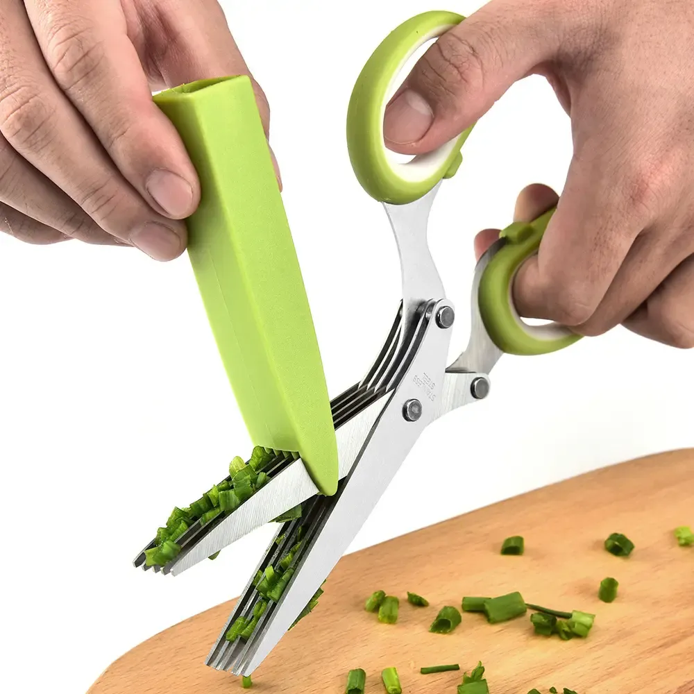Professional Stainless Steel 5 Blades Kitchen Tailor Paper Scissors Herb Scissors With Comb