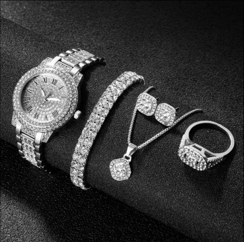 Women's Luxury Analog Wrist Watch Set 5 pcs Hiphop Sport Style Rhinestone Quartz Watch Jewelry With Necklace.bracelet. ring