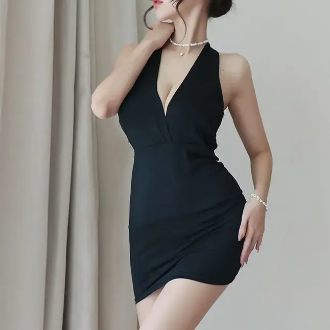 New Wholesale Love Romantic Nightdress Deep V Black Backless Sexy Femme Lingerie Set