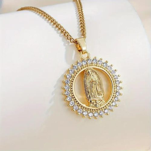 Gold Plated Women Accessories Virgin Mary Necklace Religious Catholic Pave Crystal Mother Virgen Mary Pendant Necklace