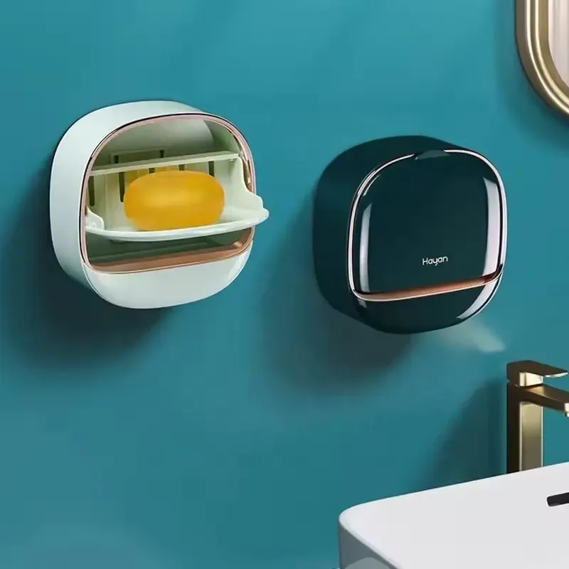 Light Luxury Wall-Mounted Plastic Bathroom Shelf Non-Perforated Cover Flip Luxury Drainage Laundry Soap Box Sundries Storage